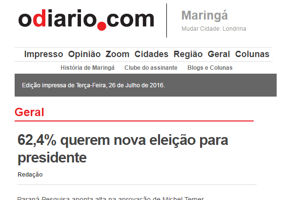 O Diário.Com - Maringa, divulga pesquisa sobre o Presidente Michel Temer e a Ex-Presidente Dilma Rousseff