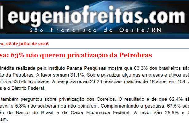 Blog Eugenio Freitas, divulga pesquisa sobre a opinião dos Brasileiros com relação a privatização de empresas estatais