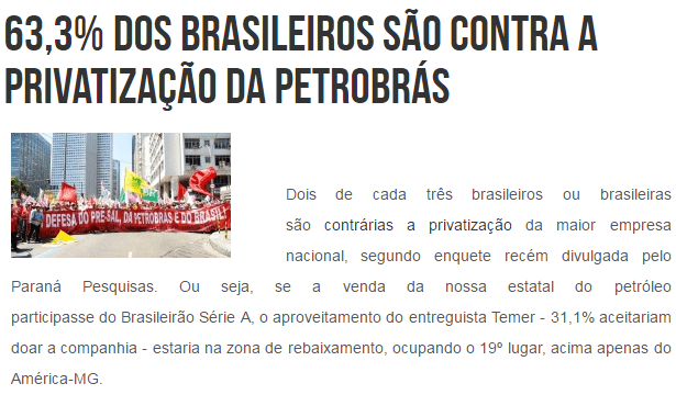 SINDIPETROMG, divulga pesquisa sobre a opinião dos Brasileiros com relação a privatização de empresas estatais