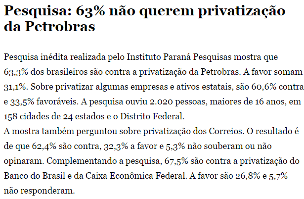 Blog Do Luciano Seixas, divulga pesquisa sobre a opinião dos Brasileiros com relação a privatização de empresas estatais