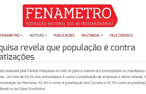 FENAMETRO, divulga pesquisa sobre a opinião dos Brasileiros com relação a privatização de empresas estatais