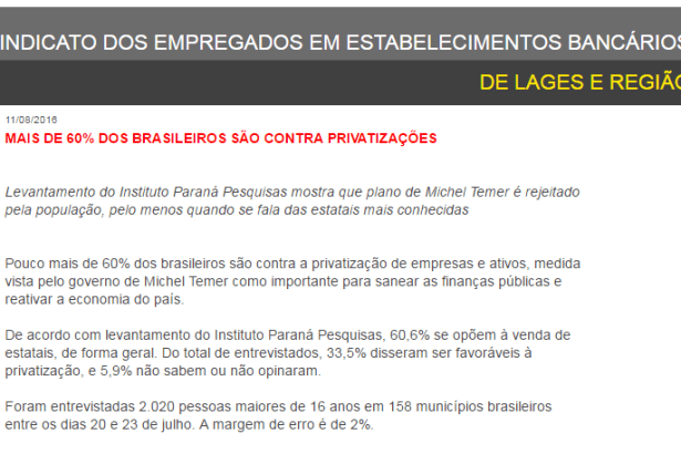 Sindicato Dos Bancários divulga pesquisa com a opinião dos Brasileiros sobre a privatização de empresas estatais