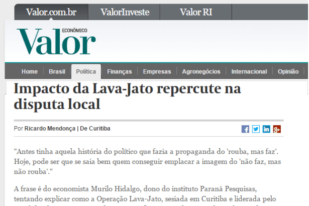 Jornal Valor Econômico divulga entrevista do diretor da Paraná Pesquisas sobre a Operação Lava Jato