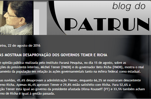 Blog Do Patruni divulga pesquisa sobre o Presidente Michel Temer e o Governador do Paraná Beto Richa
