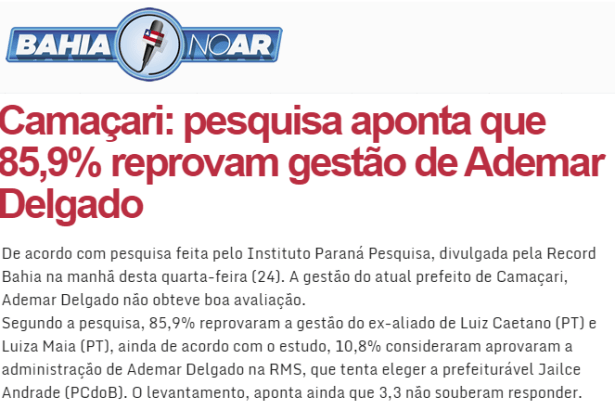 Portal Bahia No Ar divulga pesquisa sobre a popularidade do Prefeito de Camaçari, Ademar Delgado