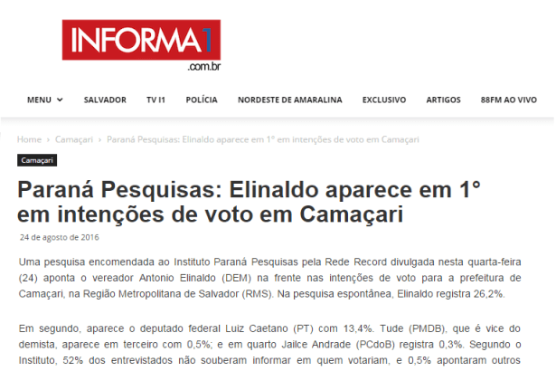 Site Informa 1 divulga pesquisa sobre a disputa eleitoral a Prefeitura de Camaçari