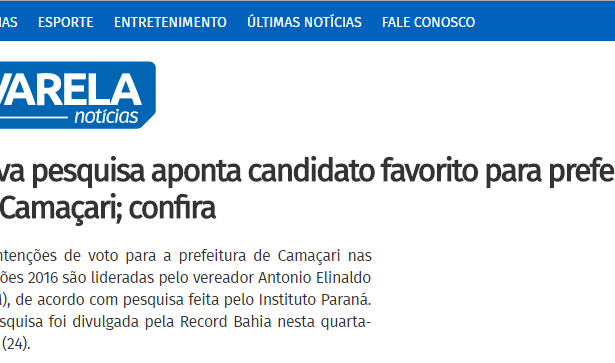 Portal Varela Notícias divulga pesquisa sobre a disputa eleitoral a Prefeitura de Camaçari