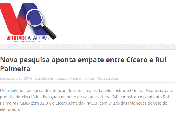 Portal Verdade Alagoas divulga pesquisa sobre a disputa eleitoral a Prefeitura de Maceió