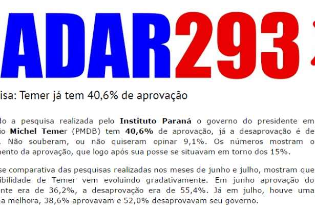 Blog Radar 293 divulga pesquisa nacional sobre a popularidade do Presidente Michel Temer
