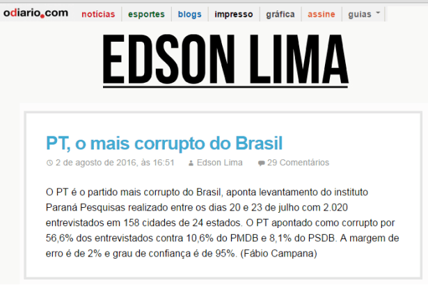 Blog Do Edson Lima, divulga pesquisa sobre a opinião dos brasileiros com relação ao partido do PT