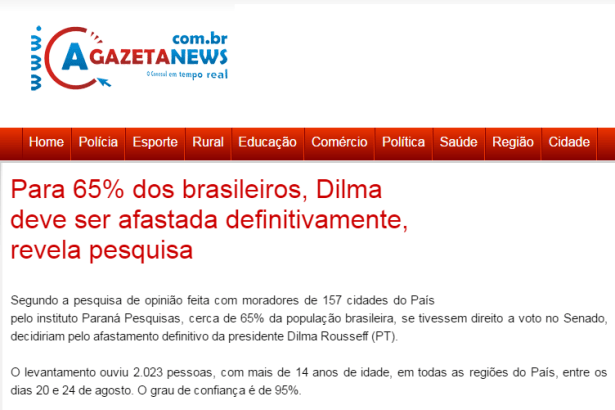 A Gazeta News divulga pesquisa com a opinião dos brasileiros sobre o afastamento da Presidente Dilma Rousseff