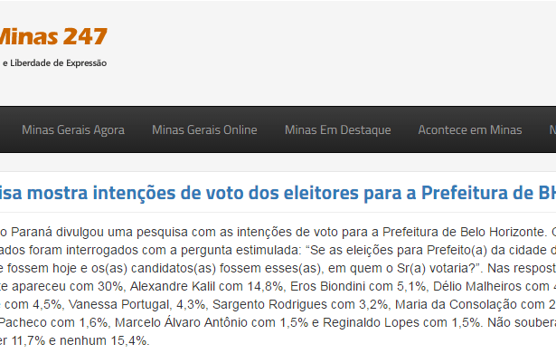 Site Minas 247 divulga pesquisa sobre a disputa eleitoral a Prefeitura de Belo Horizonte