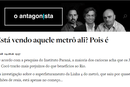 O Antagonista, divulga pesquisa sobre a opinião dos cariocas com os prejuizos ou beneficios dos jogos Olímpicos