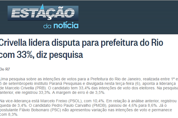 Estação Da Notícia divulga pesquisa sobre a disputa eleitoral a Prefeitura do Rio de Janeiro