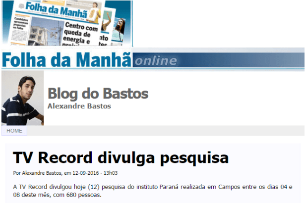 Jornal Folha da Manha divulga pesquisa sobre a disputa eleitoral a Prefeitura de Campo dos Goytacazes