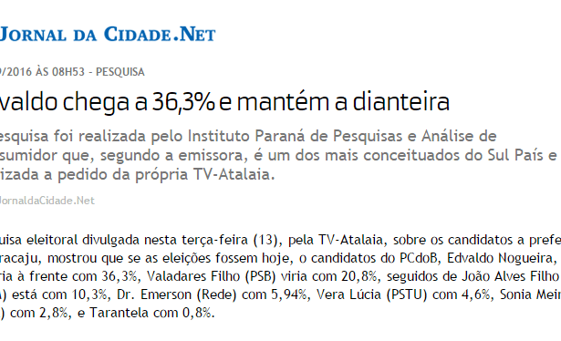 Jornal Da Cidade.Net divulga pesquisa sobre a disputa eleitoral a Prefeitura de Aracaju