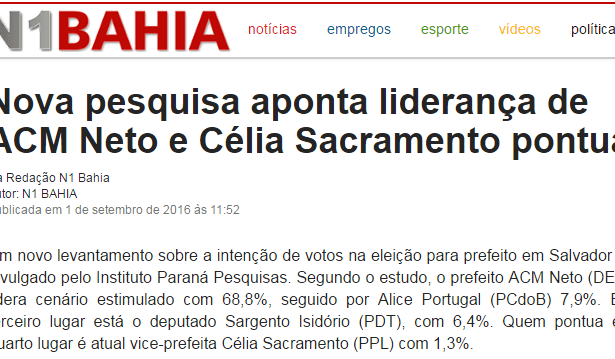 Portal N1 Bahia divulga pesquisa sobre a disputa eleitoral a Prefeitura de Salvador