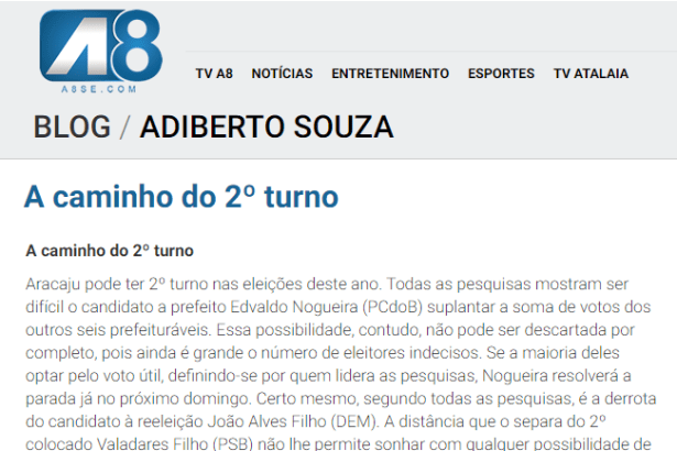TV A8 - Blog Adiberto Souza divulga pesquisa sobre a disputa eleitoral a Prefeitura de Aracaju - SE
