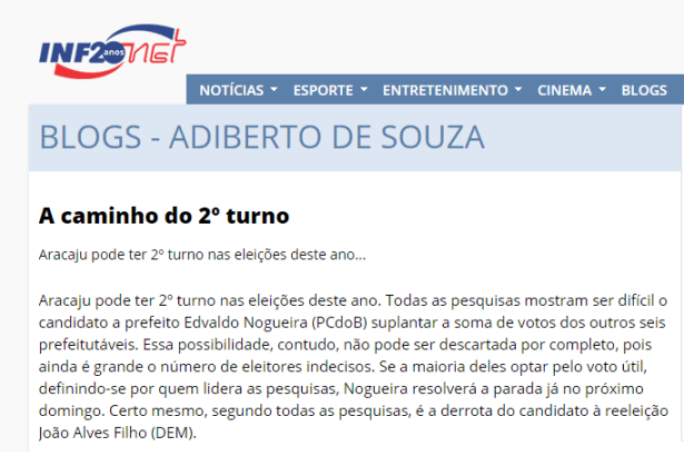 Info Net.com - Blog Adiberto De Souza divulga pesquisa sobre a disputa eleitoral a Prefeitura de Aracaju - SE