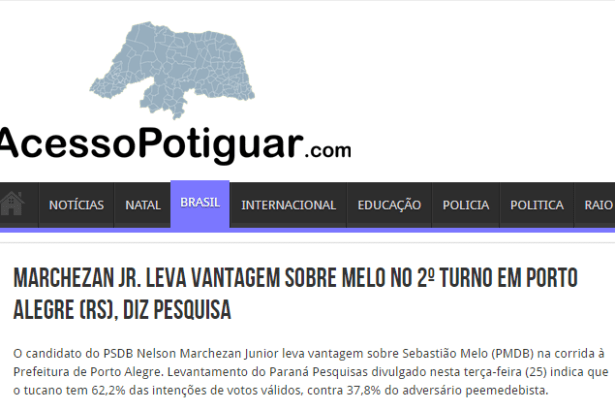 Acesso Potiguar divulga pesquisa de 2º turno sobre a disputa eleitoral a Prefeitura de Porto Alegre - RS