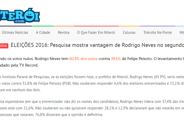 Guia De Niterói.com divulga pesquisa de 2º turno sobre a disputa eleitoral a Prefeitura de Niterói - RJ