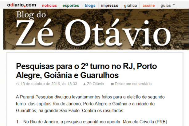 O Diário.com - Blog Do Zé Otávio divulga pesquisas de 2º turno realizada pela Paraná Pesquisas