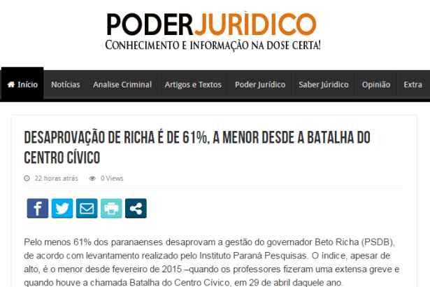 Site Poder Jurídico divulga pesquisa sobre a popularidade do Governador Beto Richa