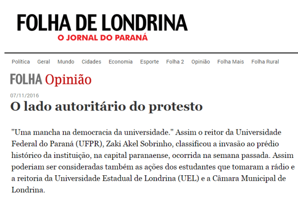 Jornal Folha De Londrina divulga pesquisa realizado no Estado do Paraná sobre a ocupação das Escolas Estaduais e a PEC 241