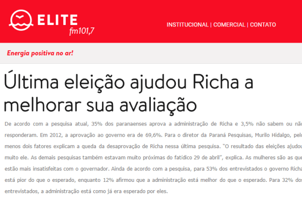 Rádio Elite FM 101,7 divulga pesquisa sobre a popularidade do Governador Beto Richa