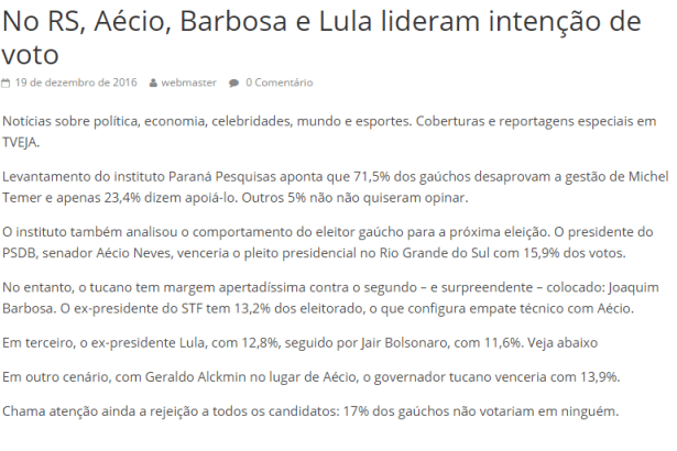 Site Filtro De Notícias divulga pesquisa realizada no Estado do Rio Grande do Sul sobre a disputa eleitoral