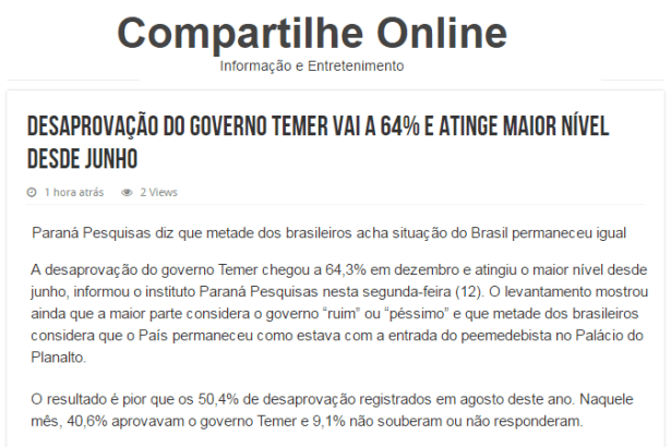 Portal Compartilhe Online divulga pesquisa Nacional sobre a popularidade do Presidente Michel Temer