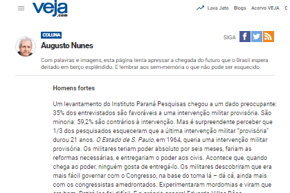 Veja.com divulga resultados da pesquisa nacional realizada pela Paraná Pesquisas sobre a opinião dos brasileiros quanto a uma possível intervenção militar provisória no país
