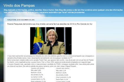 Blog Vindo dos Pampas divulga pesquisa realizada no Estado do Rio Grande do Sul pela Paraná Pesquisas sobre a situação eleitoral para o Governo do Estado em 2018