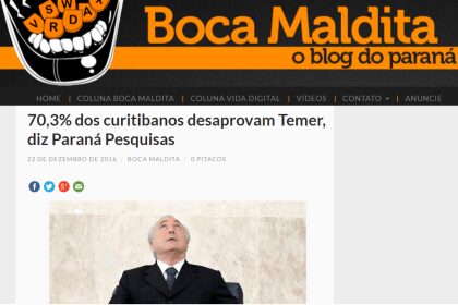 Blog Boca Maldita divulga resultados da pesquisa realizada pela Paraná Pesquisas no município de Curitiba sobre avaliação da administração Federal.