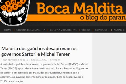 Blog Boca Maldita divulga pesquisa realizada no Estado do Rio Grande do Sul pela Paraná Pesquisas sobre avaliação das administrações Estadual e Federal.