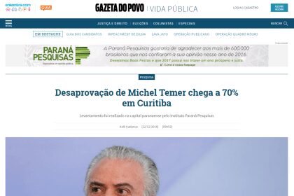 Gazeta do Povo divulga pesquisa realizada pela Paraná Pesquisas no município de Curitiba