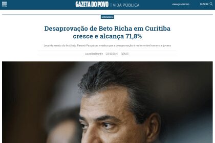 Gazeta do Povo divulga pesquisa realizada pela Paraná Pesquisas em Curitiba sobre avaliação da administração Estadual