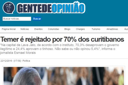 Site Gente de Opinião divulga resultados da pesquisa realizada pela Paraná Pesquisas no município de Curitiba sobre avaliação da administração Federal.