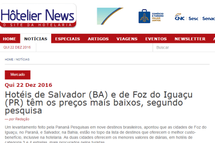 Site Hôtelier News divulga pesquisa realizada pela Paraná Pesquisas sobre a rede hoteleira em nove destinos turísticos nacionais