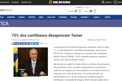 Paraná Portal UOL divulga resultados da pesquisa realizada pela Paraná Pesquisas no município de Curitiba sobre avaliação da administração Federal.