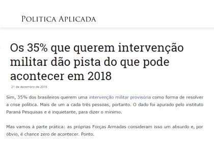 Portal Política Aplicada divulga resultados da pesquisa nacional realizada pela Paraná Pesquisas sobre a opinião dos brasileiros quanto a uma possível intervenção militar provisória no país
