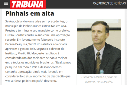 Site Tribuna do Paraná divulga resultados da pesquisa realizada pela Paraná Pesquisas na cidade de Pinhais sobre avaliação da administração Municipal
