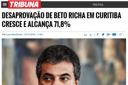Site Tribuna do Paraná divulga pesquisa realizada pela Paraná Pesquisas em Curitiba sobre avaliação da administração Estadual