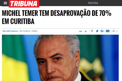 Site Tribuna do Paraná divulga resultados da pesquisa realizada pela Paraná Pesquisas no município de Curitiba sobre avaliação da administração Federal.