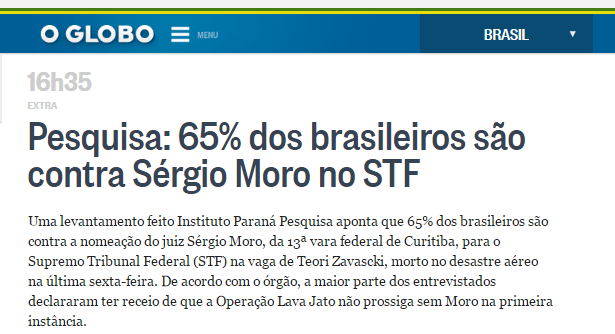 Jornal O Globo divulga pesquisa realizada pela Paraná Pesquisas sobre o Juiz Sérgio Moro