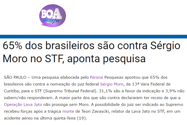Site Boa Informação divulga pesquisa realizada pela Paraná Pesquisas com a opinião dos Brasileiros sobre o substituto do Ministro do STF