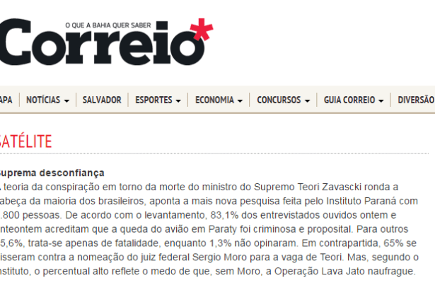 Correio 24 Horas - Satélite divulga pesquisa realizada pela Paraná Pesquisas sobre o acidente aéreo com o Ministro do STF