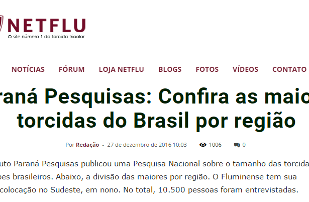NETFLU divulga pesquisa sobre a preferência dos Brasileiros com relação aos Times de Futebol