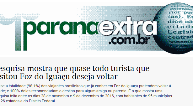 Site Paraná Extra divulga pesquisa sobre os Turistas que ja visitaram Foz Do Iguaçu