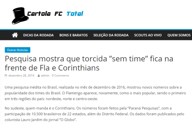 Cartola FC Total divulga pesquisa sobre a preferência dos Brasileiros com relação aos Times de Futebol